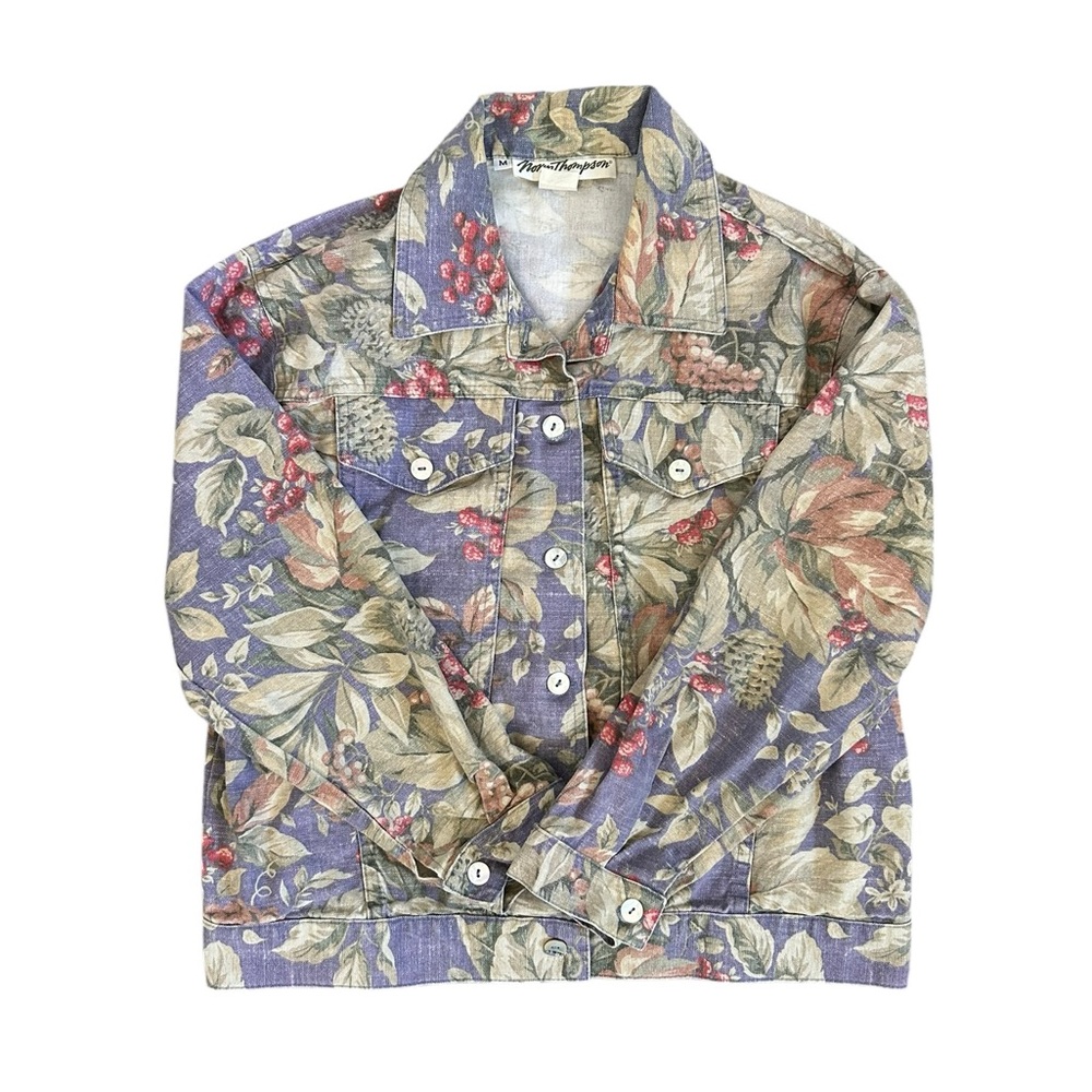 Vintage Norm Thompson Muted Floral Tapestry Denim Jacket Women’s Size M